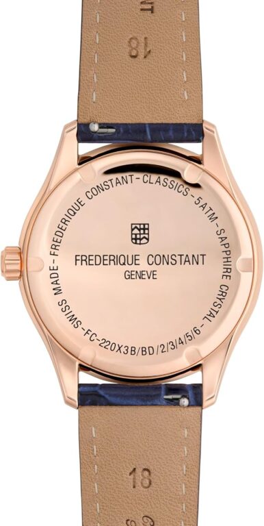 Frederique Constant Ladies’ Swiss Made Classic Moon and Stars Quartz Diamond Accent Rose Gold Plated Case Watch and Navy Leather Strap, Style: FC-220NSD3BD4