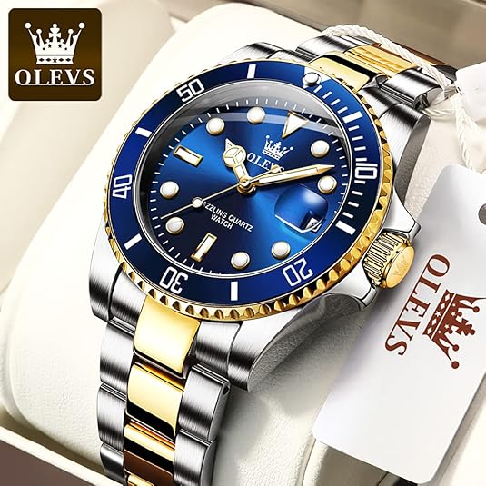 OLEVS Watches for Men with Date Luxury Big Face Waterproof Mens Wristwatch Analog Dress Two Tone Stainless Steel Man Watch Luminous Relojes De Hombre Calendar(Green/Blue/Black Dial)