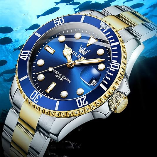 OLEVS Watches for Men with Date Luxury Big Face Waterproof Mens Wristwatch Analog Dress Two Tone Stainless Steel Man Watch Luminous Relojes De Hombre Calendar(Green/Blue/Black Dial)