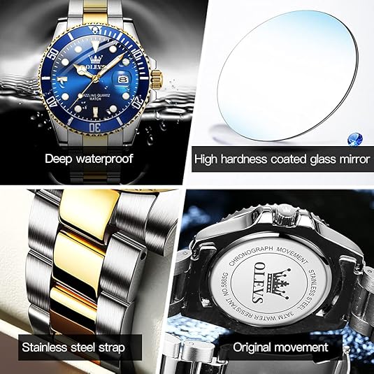 OLEVS Watches for Men with Date Luxury Big Face Waterproof Mens Wristwatch Analog Dress Two Tone Stainless Steel Man Watch Luminous Relojes De Hombre Calendar(Green/Blue/Black Dial)