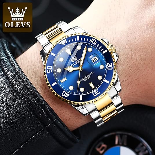 OLEVS Watches for Men with Date Luxury Big Face Waterproof Mens Wristwatch Analog Dress Two Tone Stainless Steel Man Watch Luminous Relojes De Hombre Calendar(Green/Blue/Black Dial)