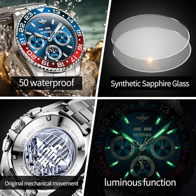 OUPINKE Men’s Automatic Watch Self Winding Mechanical Luxury Wrist Watch Sapphire Crystal Tungsten Steel