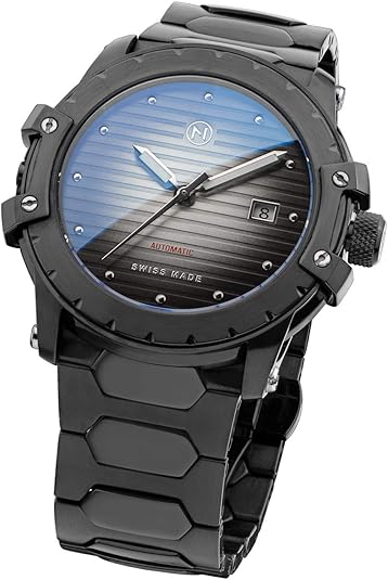 NOVE Modena Swiss Made Automatic Slim 44mm Watches for Men & Women, 12.5mm Thin, 200m Water Resistant, Two Tone Sunray Dial, Date Calendar, Stainless Steel Band