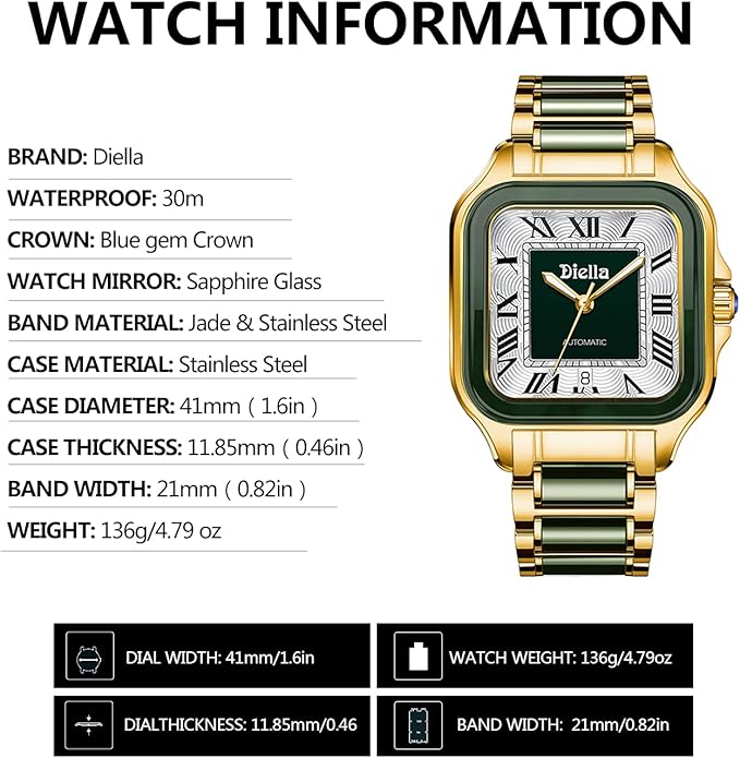Diella Rectangle Automatic Wrist Watches for Men and Women with Jade