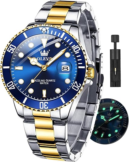 OLEVS Watches for Men with Date Luxury Big Face Waterproof Mens Wristwatch Analog Dress Two Tone Stainless Steel Man Watch Luminous Relojes De Hombre Calendar(Green/Blue/Black Dial)
