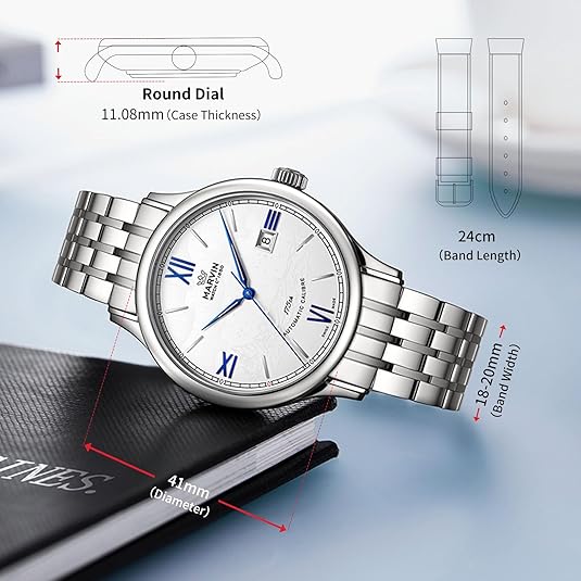 marvin Automatic Watch Swiss Movement Mechanical Luxury Watches for Men with Stainless Steel Strap,Sapphire Glass Dial,Luminous Drawing,Hands and Hour Markers,50m Waterproof