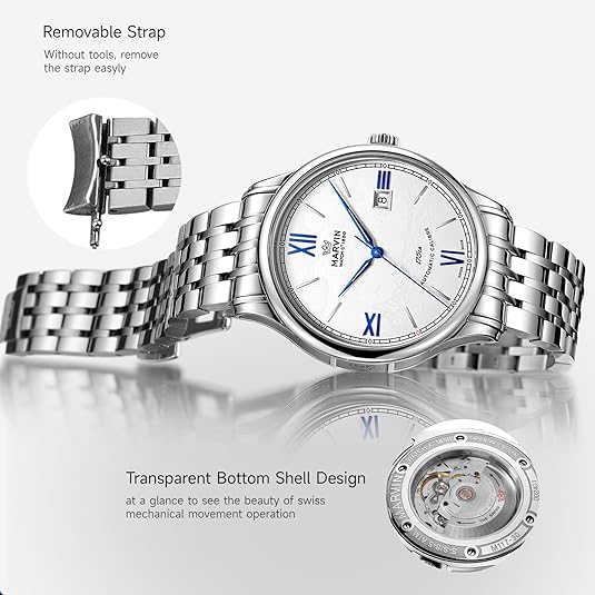 marvin Automatic Watch Swiss Movement Mechanical Luxury Watches for Men with Stainless Steel Strap,Sapphire Glass Dial,Luminous Drawing,Hands and Hour Markers,50m Waterproof