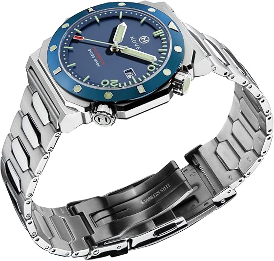 NOVE Marine – Swiss Made Automatic Dive Watches for Men and Women, 13.05mm Thin, 44mm Case Size, 200m Water Resistance, 44mm Case Size, Blue & Stainless Steel