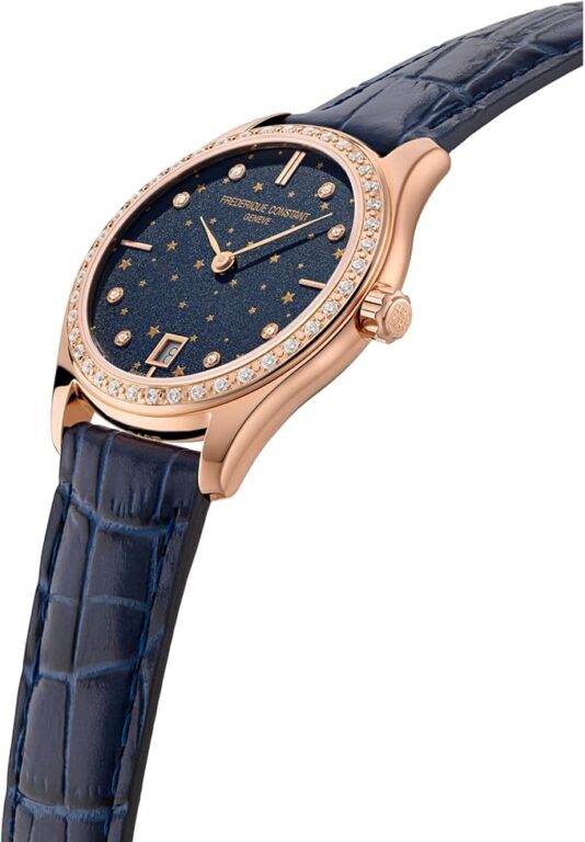 Frederique Constant Ladies’ Swiss Made Classic Moon and Stars Quartz Diamond Accent Rose Gold Plated Case Watch and Navy Leather Strap, Style: FC-220NSD3BD4