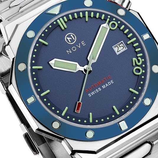 NOVE Marine – Swiss Made Automatic Dive Watches for Men and Women, 13.05mm Thin, 44mm Case Size, 200m Water Resistance, 44mm Case Size, Blue & Stainless Steel