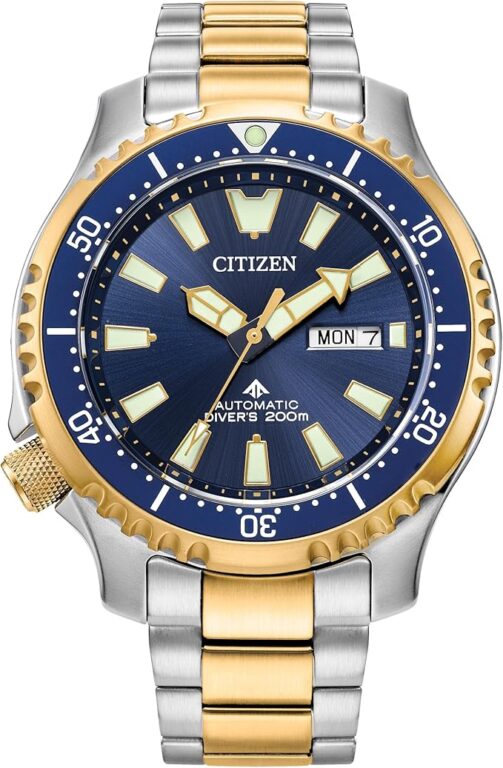 Citizen Men’s Eco-Drive Promaster Dive Fugu Automatic Stainless Steel Watch, Luminous, ISO Compliant, Two Tone Gold/Blue Dial