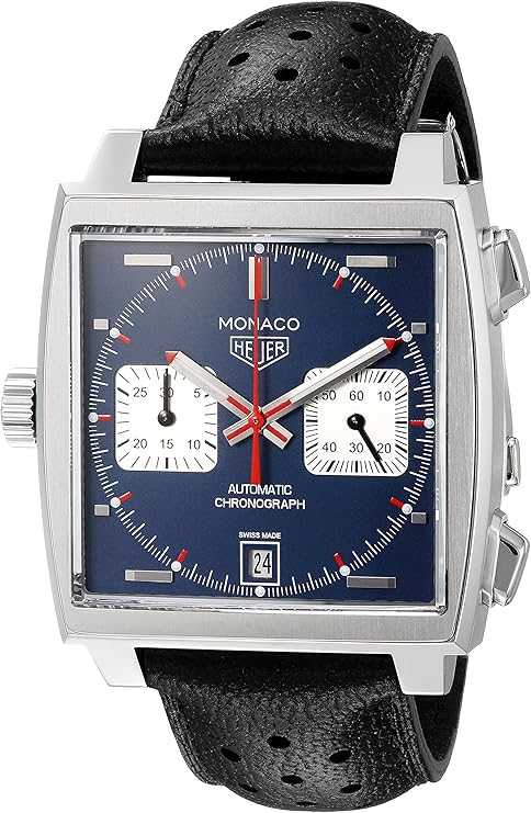 TAG Heuer Men’s ‘Monaco’ Swiss Automatic Stainless Steel and Leather Dress Watch, Color:Black (Model: CAW211P.FC6356)